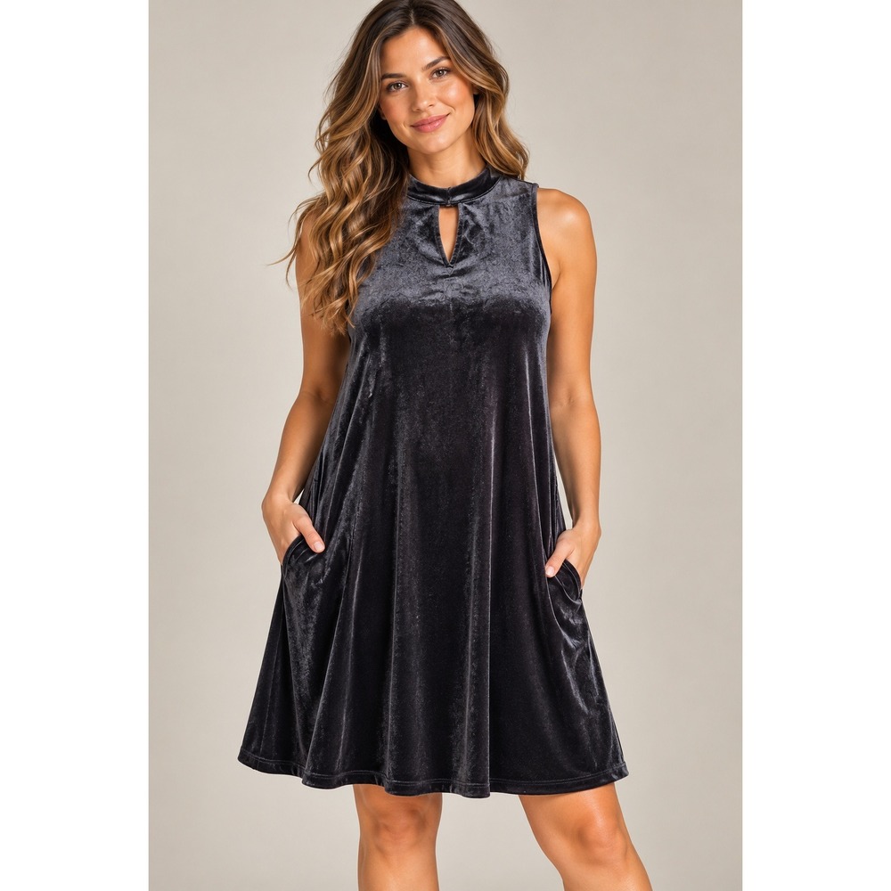 Worthington Black Velvet Mock Neck Keyhole A-Line Dress Pockets Size M